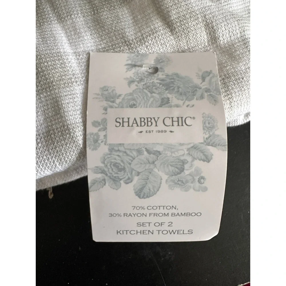Shabby Chic Set of 2 Kitchen Towels Gray White Bunny Rabbit Ruffle Cotton Bamboo